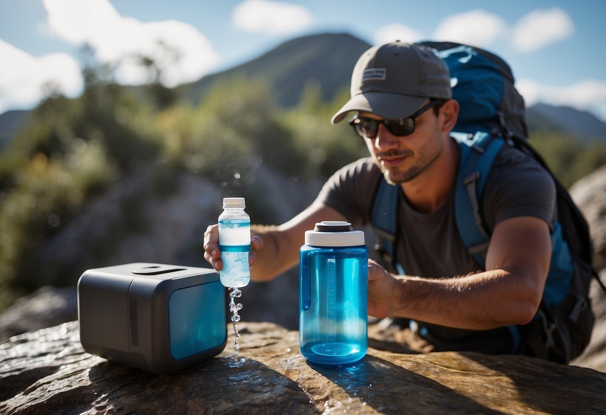 A backpacker pours water through a portable filter into a clean container. Nearby, a UV purifier and chemical tablets sit ready for use