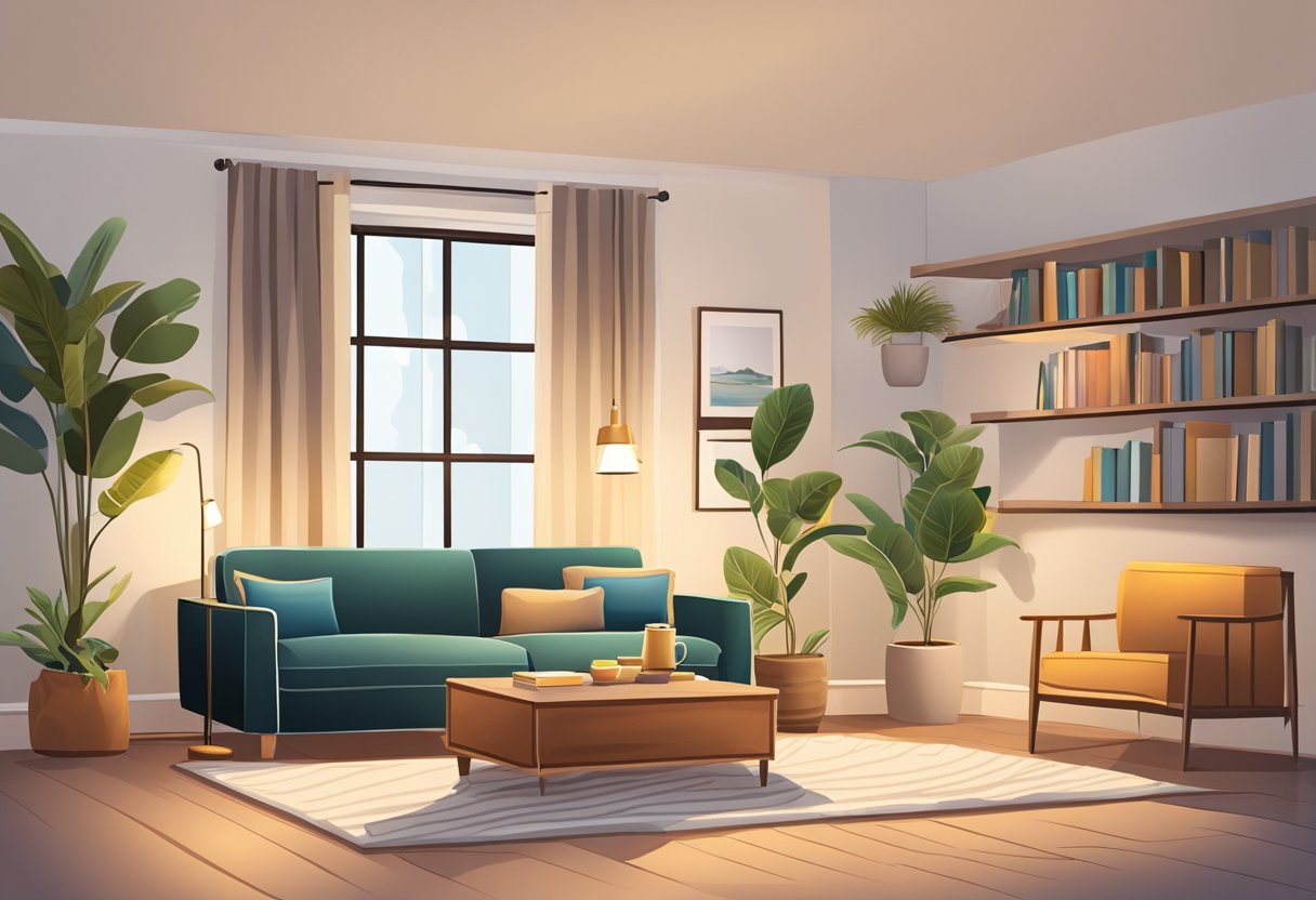 A cozy living room with a plush sofa, coffee table, and bookshelf. A soft rug covers the floor, and a warm lamp illuminates the space