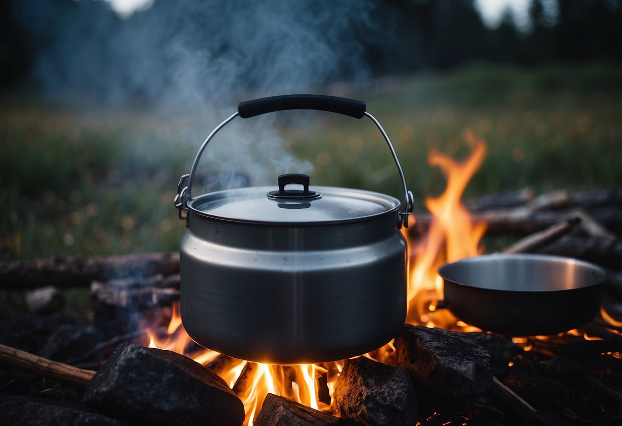 Water boils in a metal pot over a campfire. A small filter sits nearby, while tablets, UV light, and a portable stove are scattered around