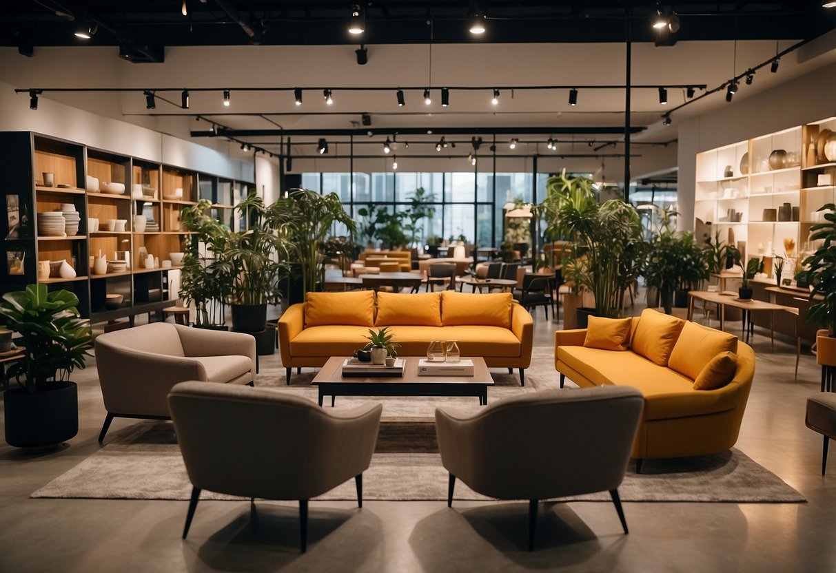 A bustling online furniture store in Singapore with a modern and sleek design, showcasing a wide variety of high-quality furniture items