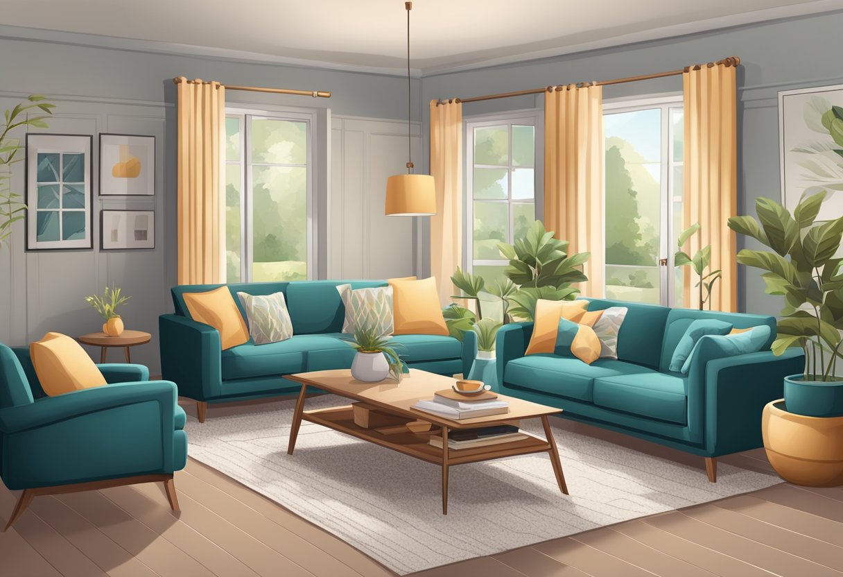 A cozy living room with various furniture options, including sofas, coffee tables, and armchairs arranged in a welcoming and stylish manner