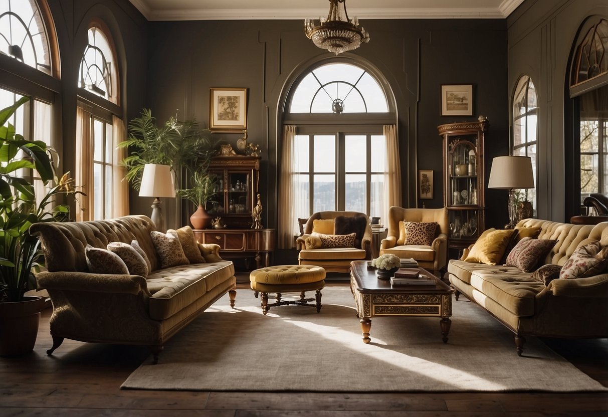 A room with furniture from different decades, starting with ornate Victorian pieces and transitioning to sleek mid-century modern designs