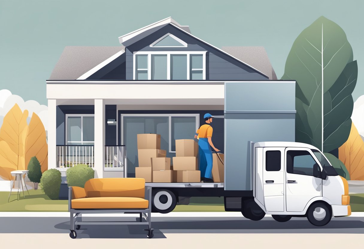 A delivery truck unloads a sofa and coffee table outside a modern home. A person inside signs for the furniture as the delivery team unloads the items