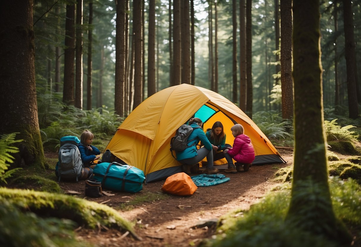 A family sets up a colorful tent in a lush forest clearing. Backpacks, hiking boots, and a map lay nearby as the kids gather firewood and explore the surrounding nature