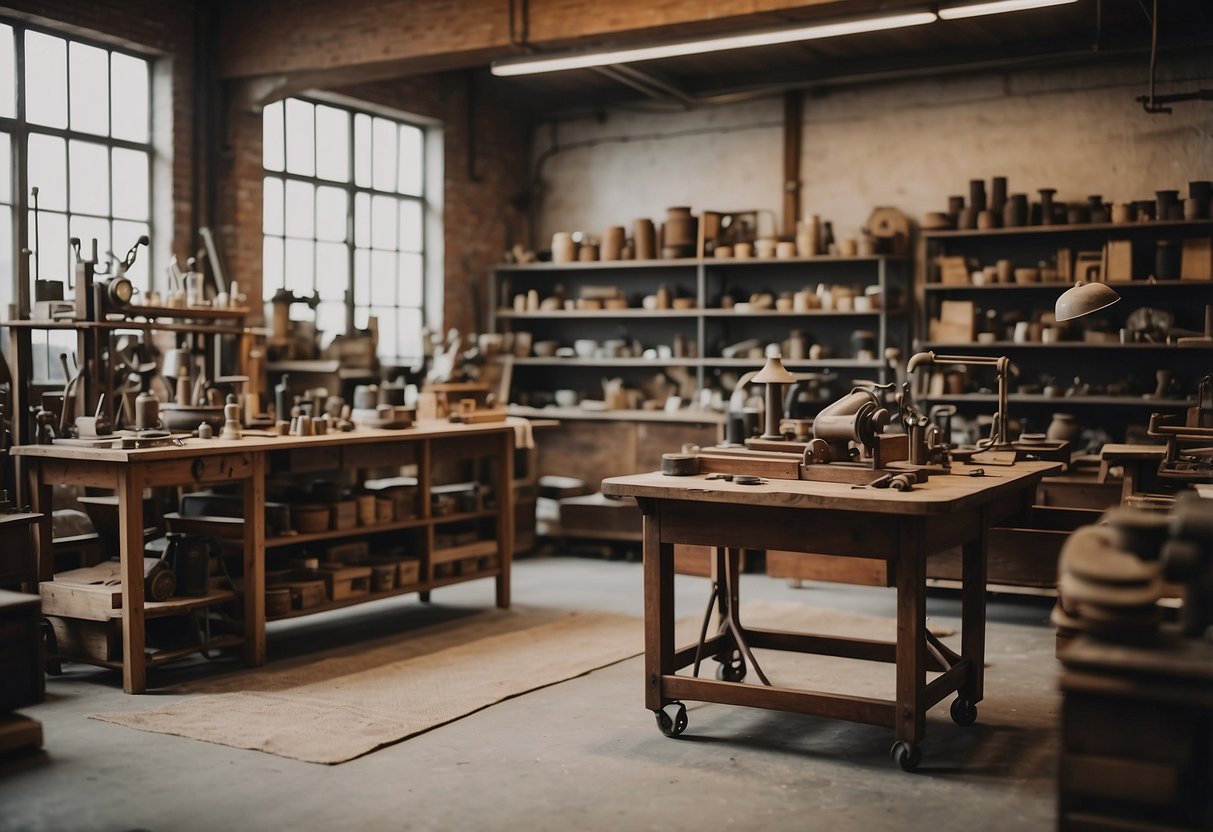 A workshop filled with vintage tools and raw materials, showcasing the evolution of furniture design through the decades