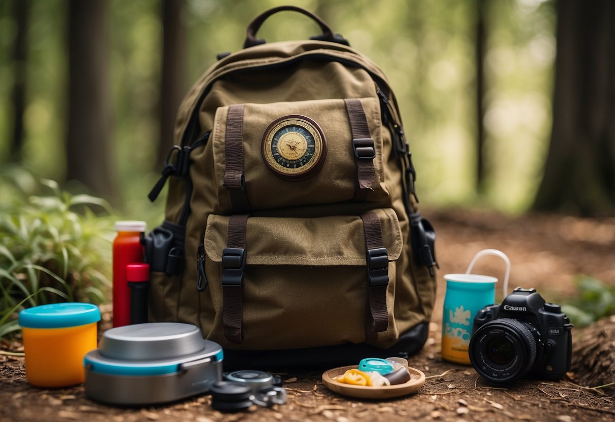 Toys scattered around open backpack, surrounded by hiking gear and snacks. Map and compass lay nearby