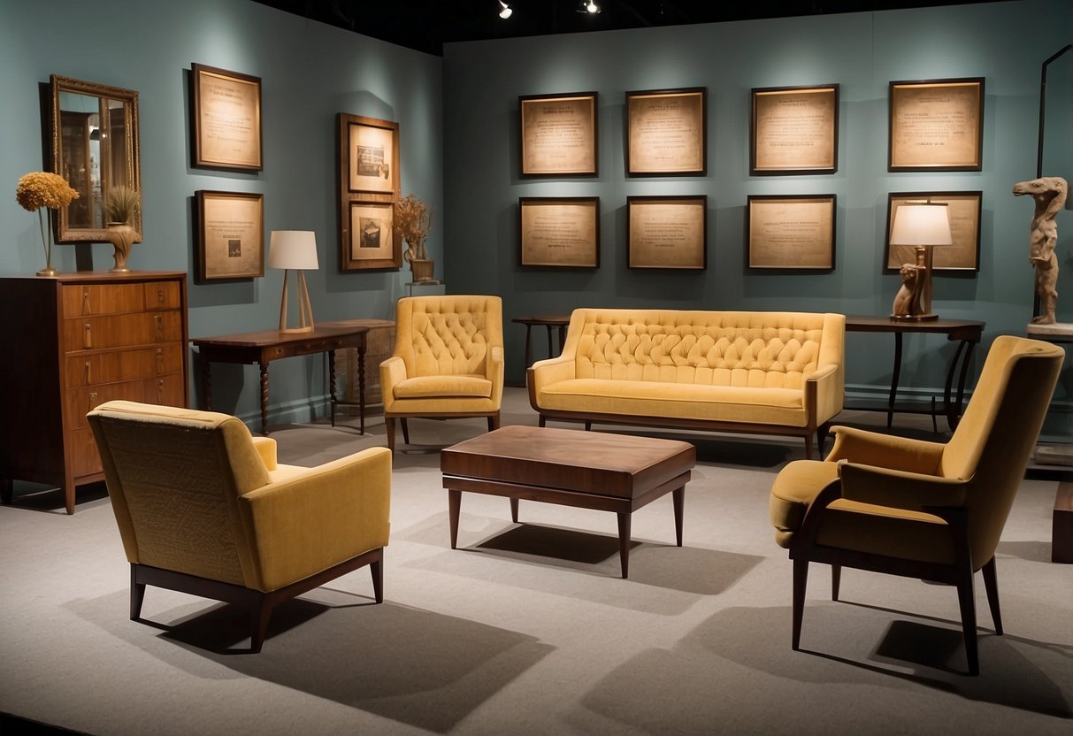 A series of furniture pieces from different decades displayed in a museum setting, showcasing the evolution of design and style over time