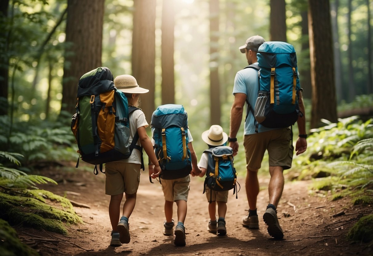 A family of four hikes through a lush forest with backpacks, water bottles, and a map. The children are wearing sun hats and sturdy shoes, while the parents carry first aid kits and bear bells