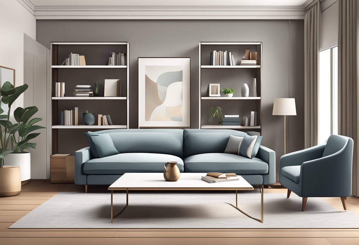 A modern living room with a sleek sofa, coffee table, and bookshelf. The room is well-lit with natural light and features a minimalist design