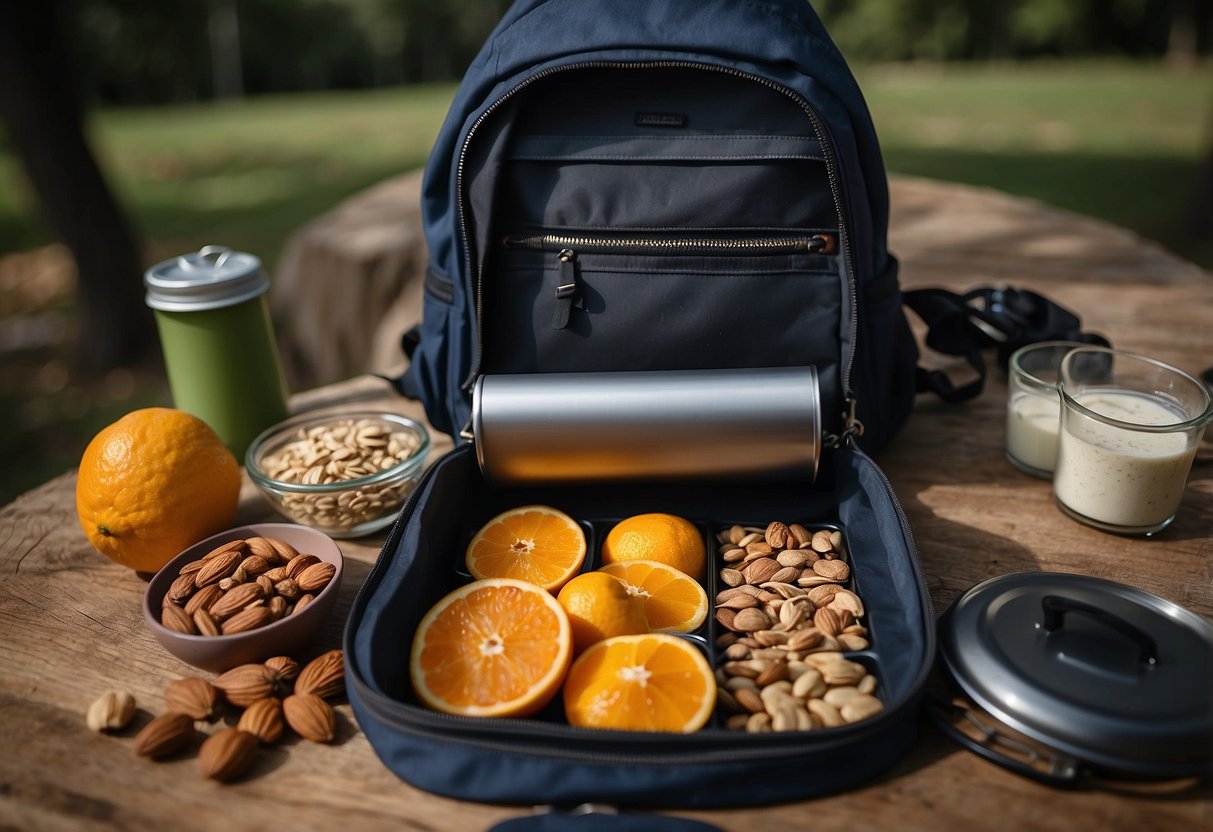 A backpack sits open, revealing dehydrated fruits, nuts, and energy bars neatly packed. A lightweight stove and compact cookware are nearby