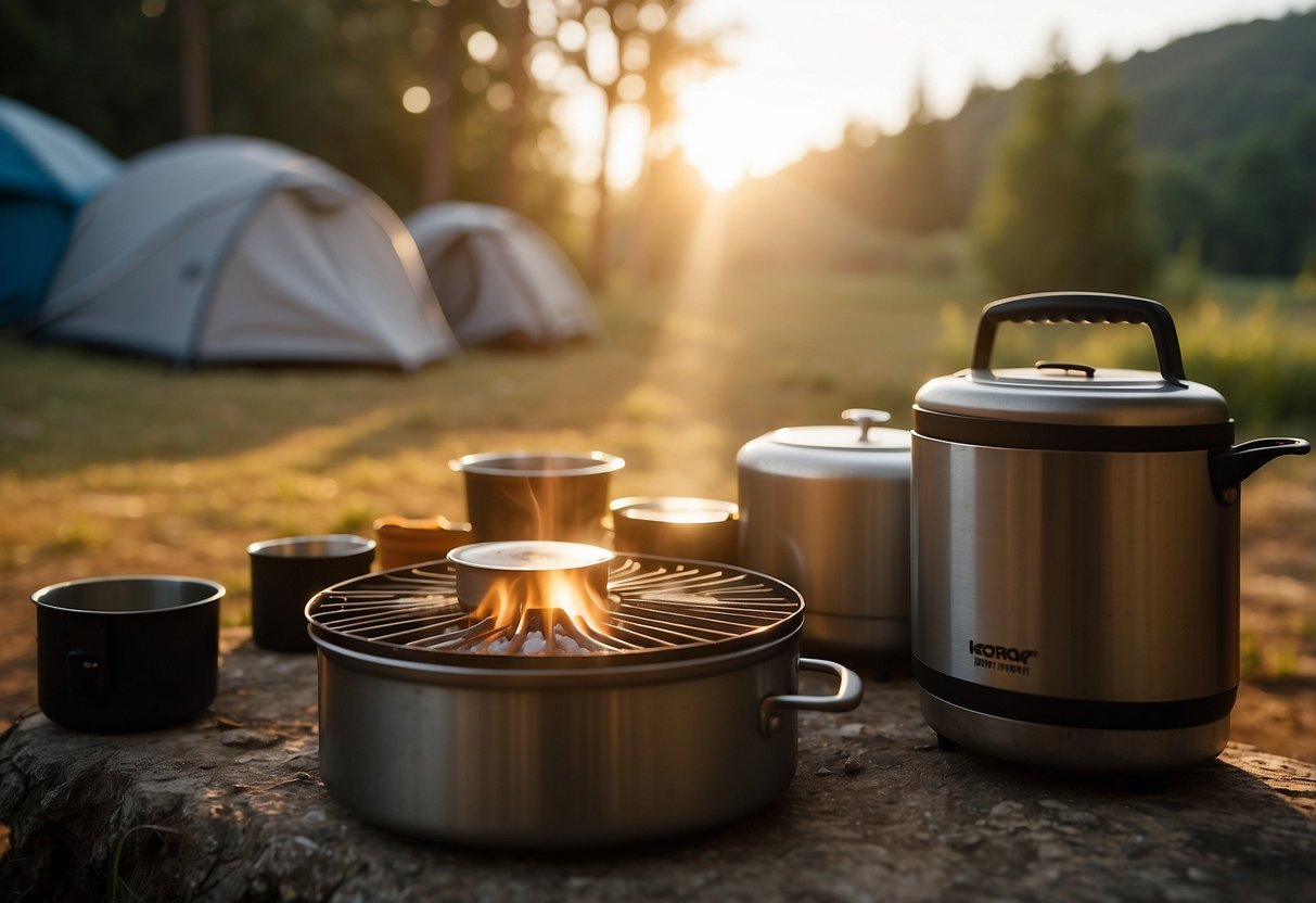 A backpacker's campsite with a small portable stove, a pot of boiling water, and a bag of instant rice. The sun is setting, casting a warm glow on the scene