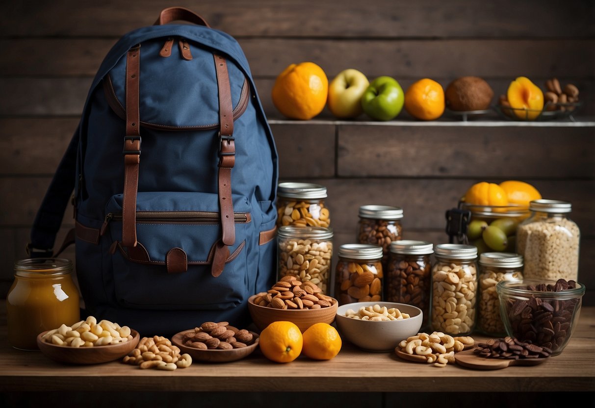 A backpack surrounded by lightweight food options: nuts, dried fruits, jerky, energy bars, and dehydrated meals