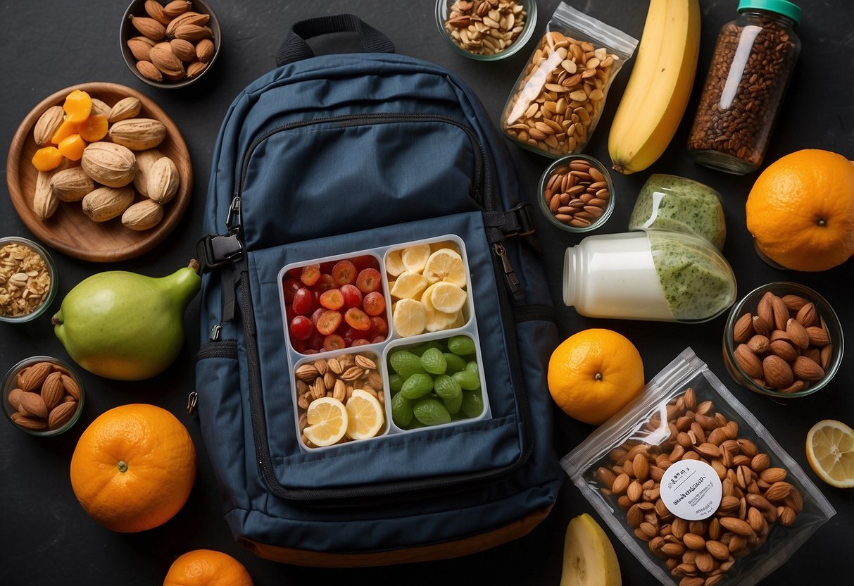 A backpack with lightweight food items like dehydrated fruits, nuts, energy bars, and freeze-dried meals neatly packed in resealable bags and compact containers