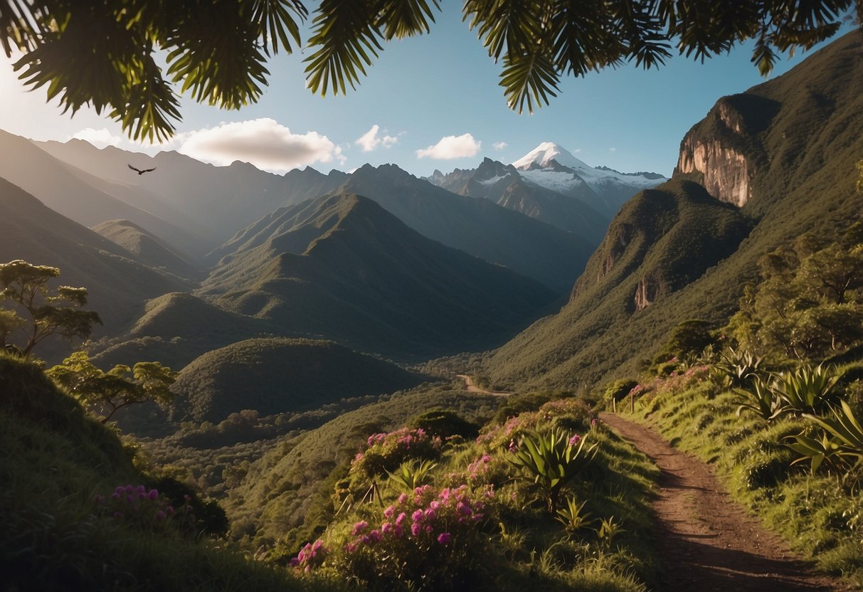 Lush Andes mountains tower over winding trails. Dense Amazon rainforest teems with life. Colorful birds flit among exotic flowers. Rocky Patagonian landscapes stretch to the horizon