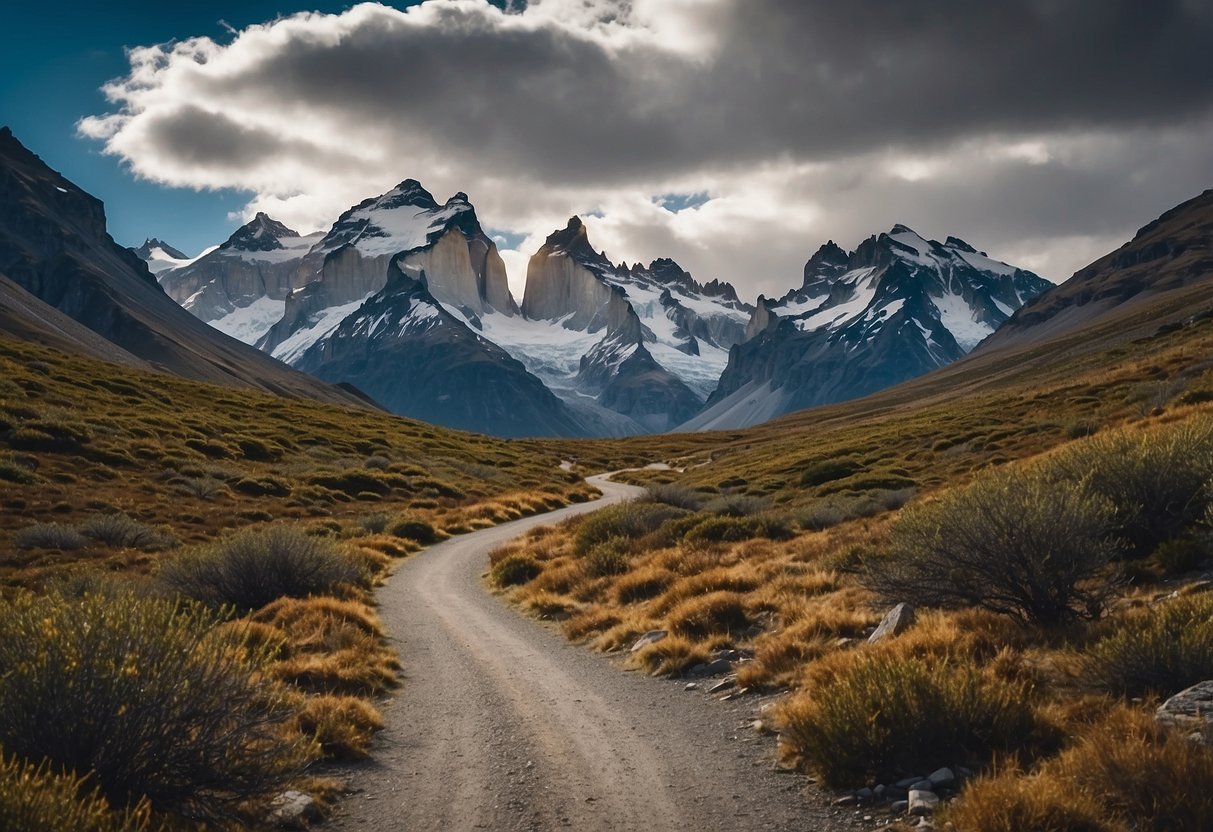 A winding trail cuts through rugged mountains, leading to the iconic Torres del Paine peaks. Glaciers, lakes, and lush forests surround the path