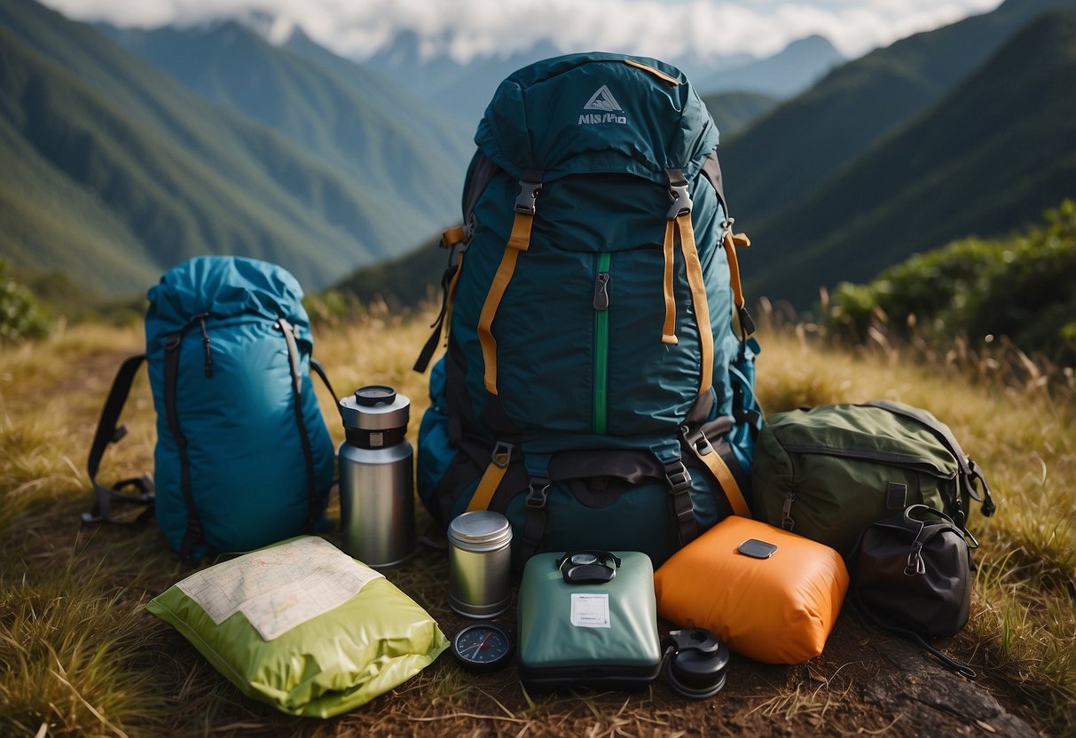 A backpack, tent, sleeping bag, map, compass, water bottle, stove, food, first aid kit, and headlamp lay on the ground. A trail winds through lush South American mountains in the background