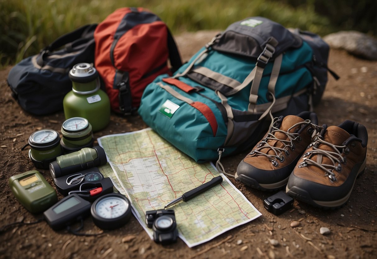 A backpacker's gear laid out on a map, surrounded by hiking boots, a compass, and a first aid kit. A backpack is open, ready to be packed