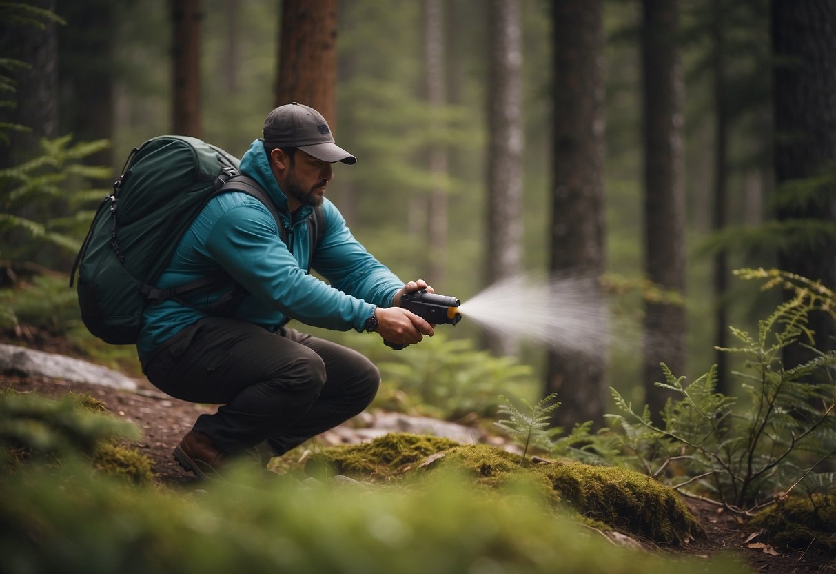 Hiker encounters bear, uses bear spray. Keeps distance, avoids eye contact. Packs away food, makes noise. Stays calm, slowly backs away. Seeks safety in group