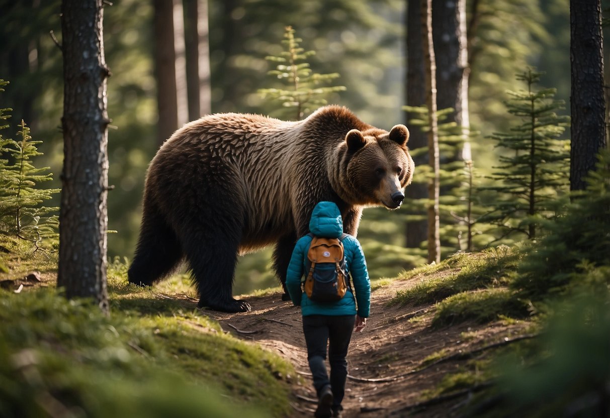 A hiker watches a bear from a safe distance, following tips for backpacking around wildlife