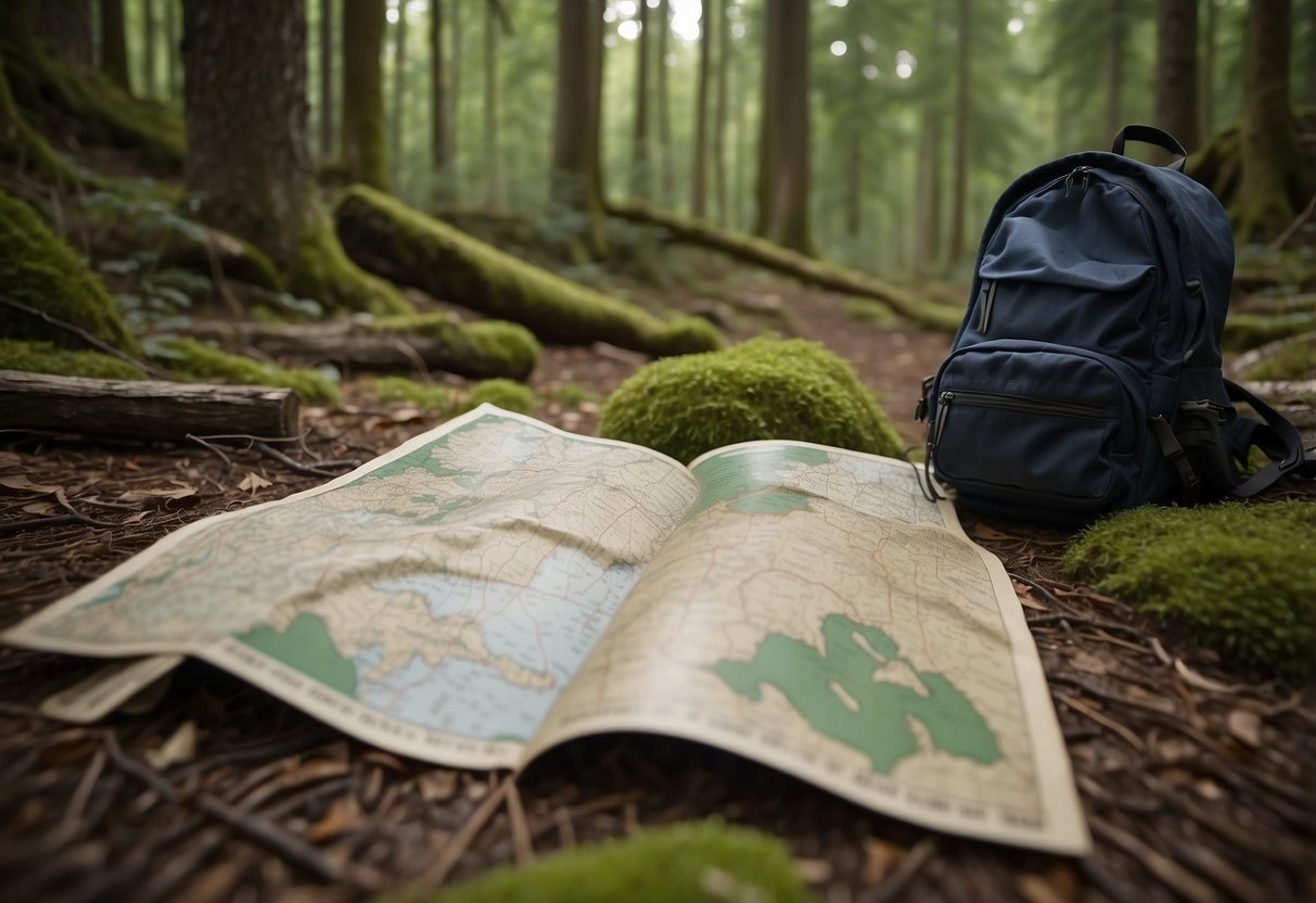 Various animal tracks scattered across a forest floor, with a backpack and hiking gear nearby. A map and compass are visible, along with a guidebook on wildlife