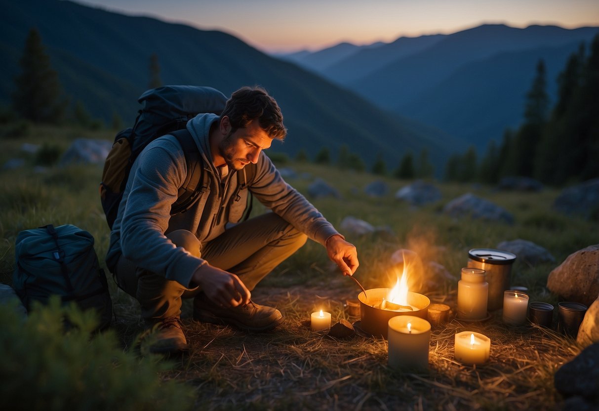 A backpacker sets up a campsite surrounded by citronella candles to deter wildlife