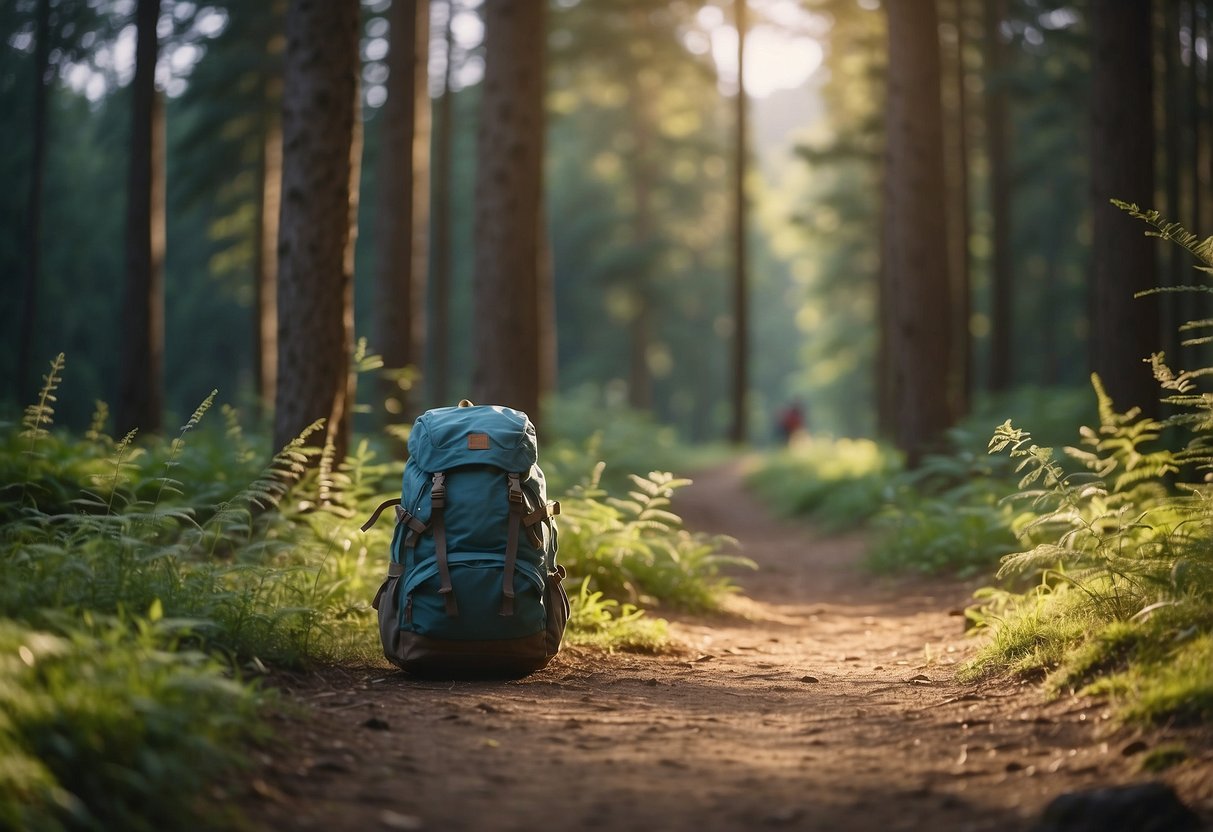 Animals roam near a forest trail. A backpack and camping gear are set up, but wildlife is nearby