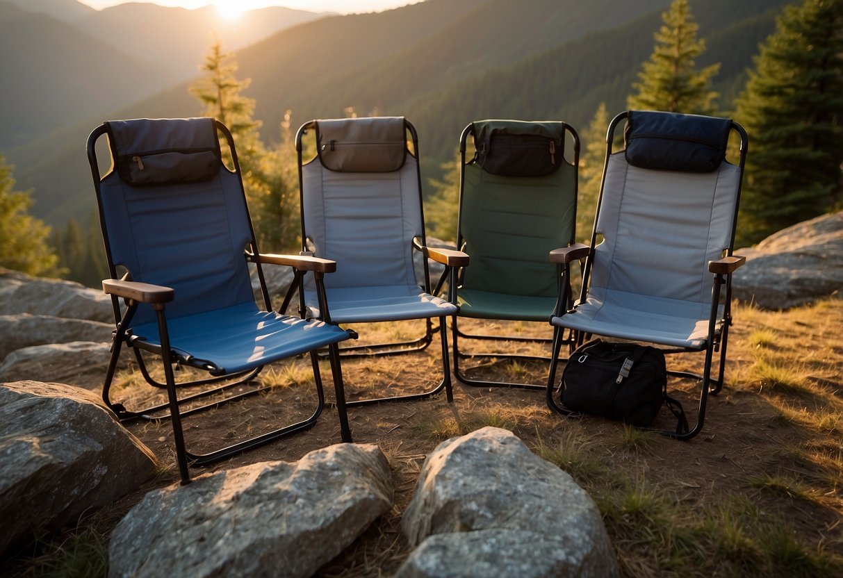 Five lightweight camp chairs arranged in a circle on a mountain peak, with backpacks and hiking gear scattered around. Sunrise illuminates the scene