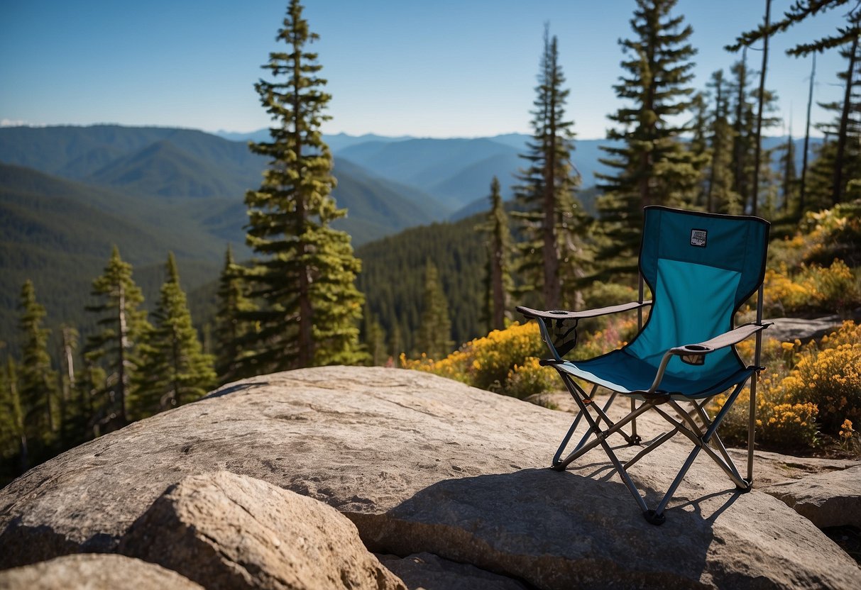 A camp chair sits on a rocky mountain ledge, surrounded by tall trees and a clear blue sky. The lightweight design and compact size of the Big Agnes Skyline UL Chair make it perfect for backpacking adventures