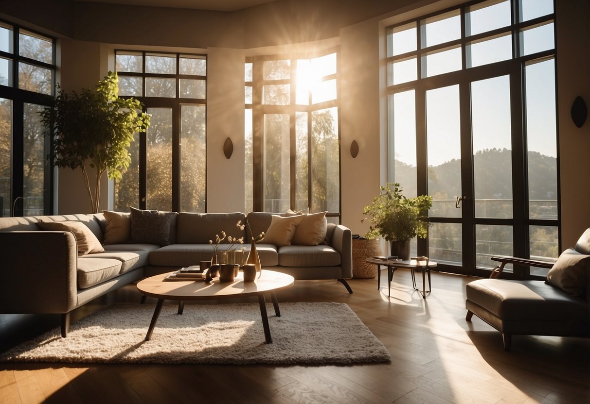A modern living room with a sleek sofa, coffee table, and stylish armchair. Sunlight streams in through large windows, casting a warm glow on the furniture