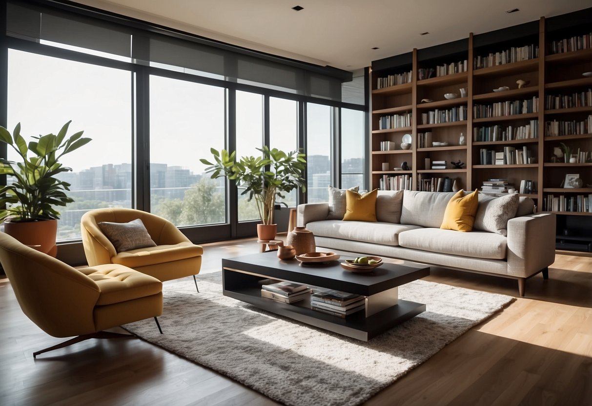 A modern living room with a sleek sofa, coffee table, and bookshelf. Bright natural light streams in through large windows, casting soft shadows on the stylish furniture