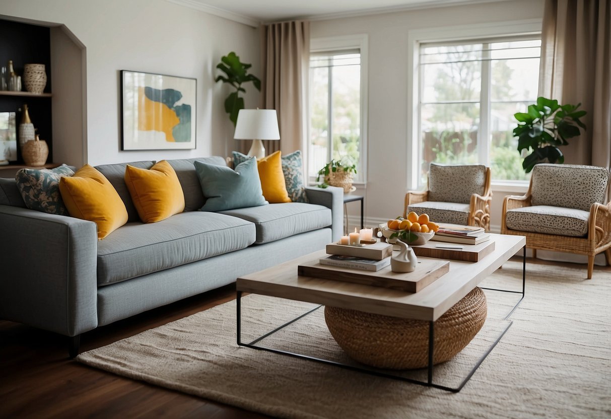 A bright, modern living room with stylish furniture arranged in a welcoming and inviting manner. The room is well-lit and features a mix of textures and colors to showcase the variety of furniture options available