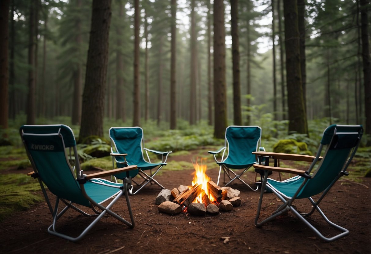 Five lightweight camp chairs arranged around a campfire, nestled in a serene forest clearing. Backpacks and hiking gear are scattered nearby, highlighting the convenience and comfort of the chairs for backpacking trips