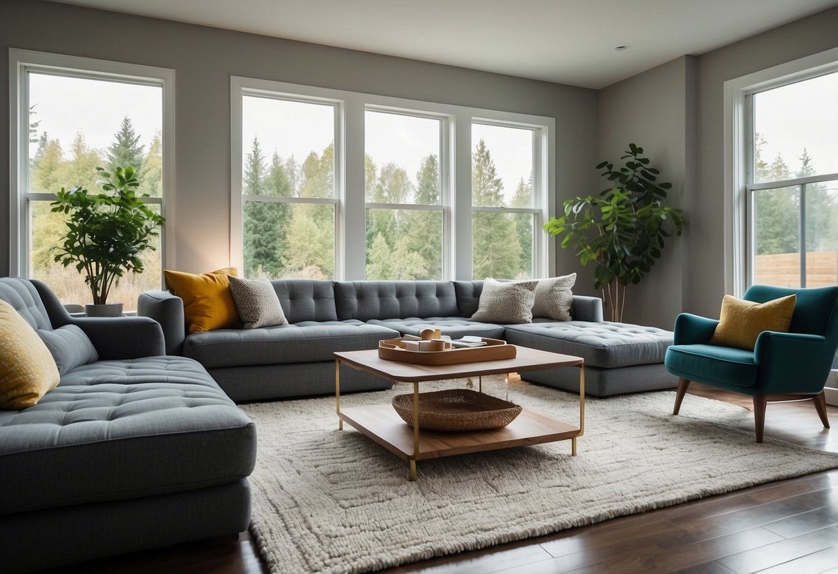 A modern living room with sleek furniture, clean lines, and a pop of color. A cozy rug anchors the space, while natural light floods in through large windows