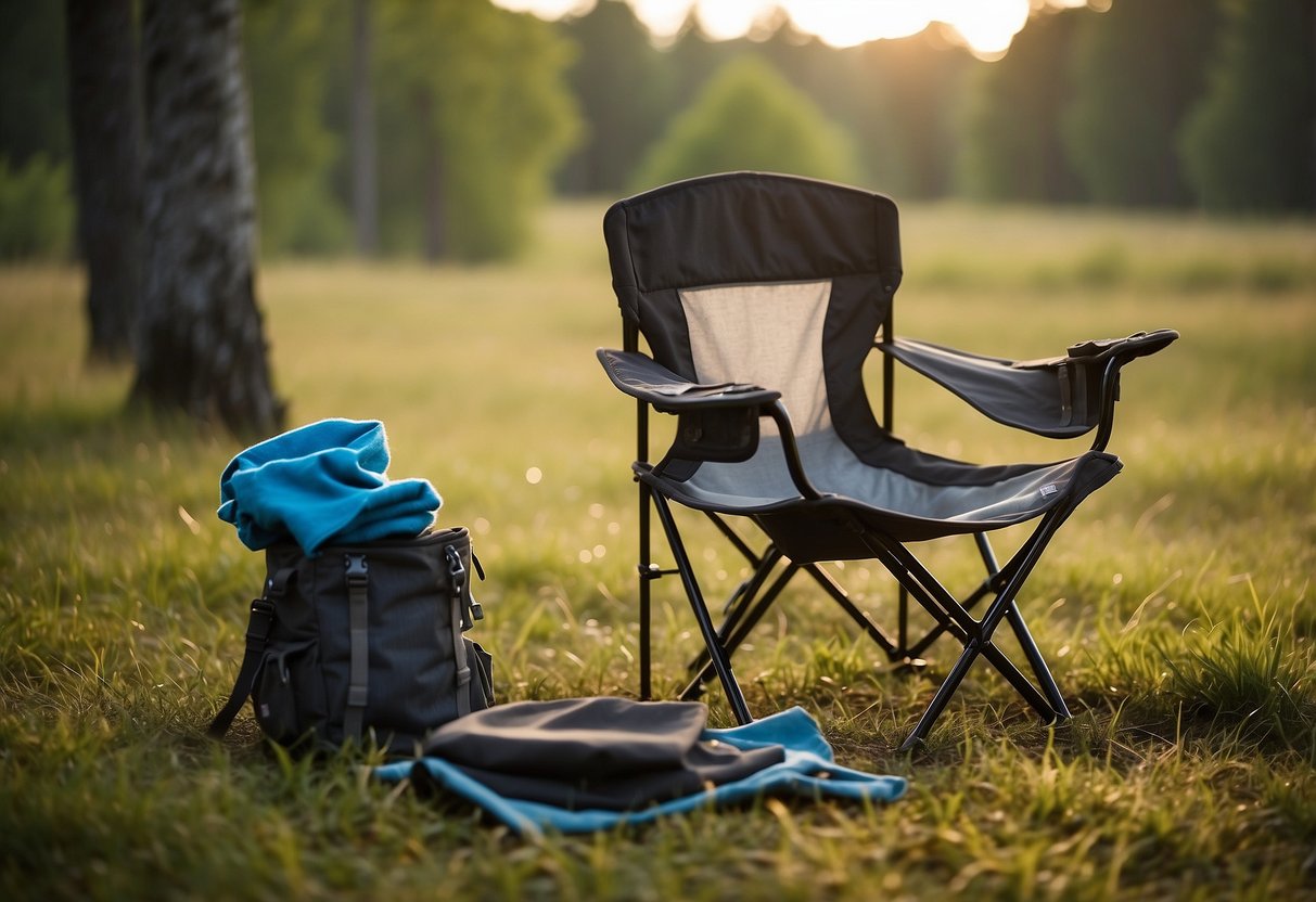 A camp chair sits on a grassy clearing, surrounded by backpacking gear. A person's hand holds a small brush, cleaning the chair's fabric