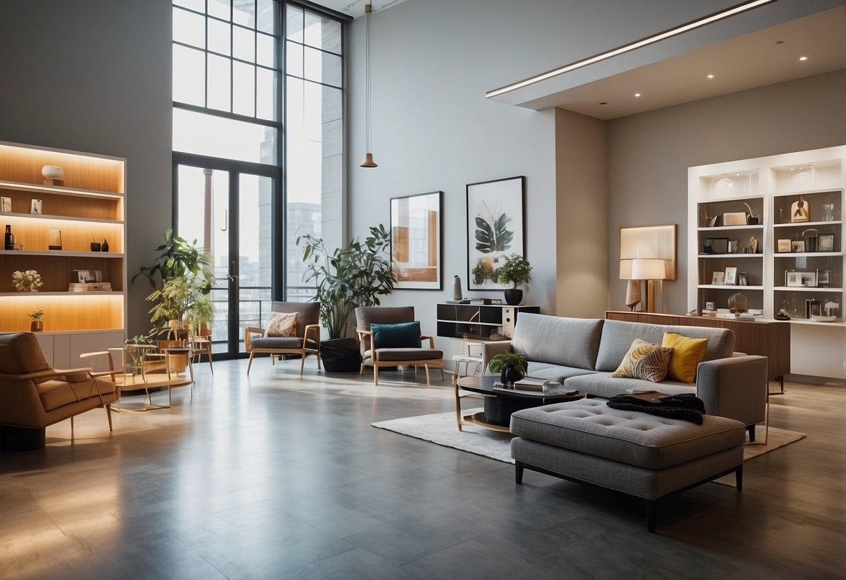 A bright and inviting showroom with modern furniture displays and vibrant promotional posters