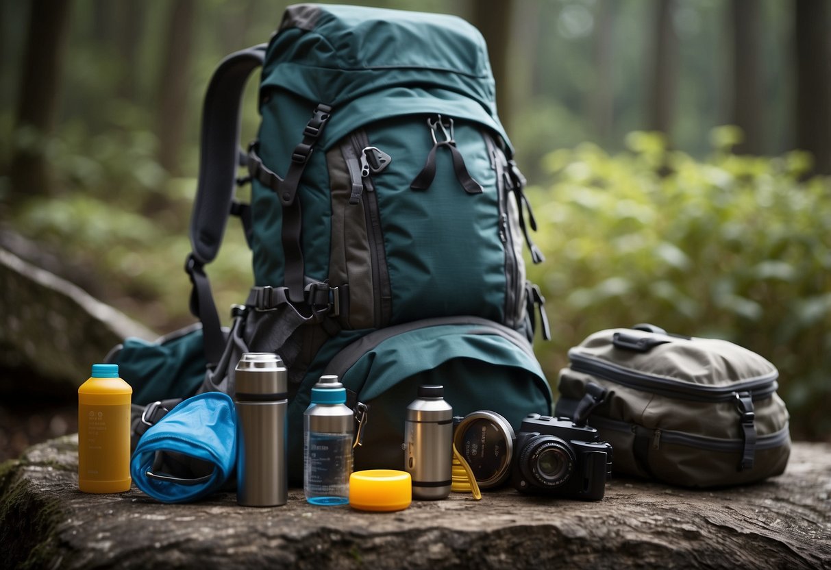 A backpack lying open, revealing a compass, map, GPS device, whistle, flashlight, trekking poles, and a multitool. A water bottle and energy bars sit nearby