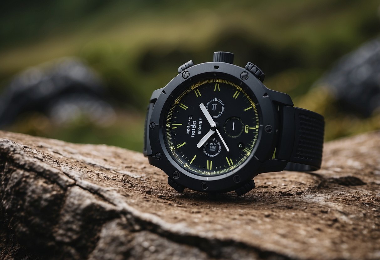 A Suunto Core All Black watch surrounded by a compass, map, GPS, and other navigation tools on a backpacking trip