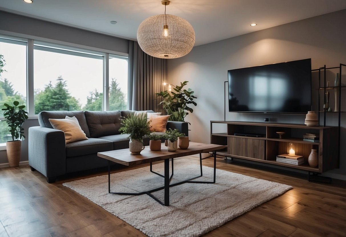 A modern living room with stylish furniture, bright lighting, and a cozy atmosphere. The furniture is arranged in an inviting way, with a focus on comfort and functionality