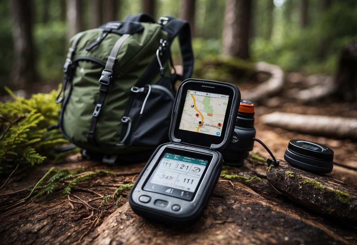 A backpack lies open, revealing a DeLorme inReach Explorer+ device alongside a map, compass, GPS, and other essential navigation tools