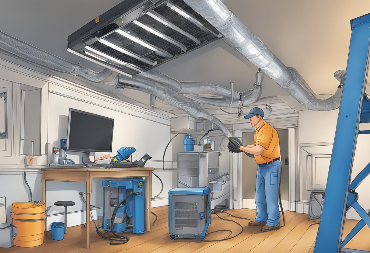 A technician installs UV lights in an air duct system in a Knoxville home. Tools and equipment are scattered around the work area