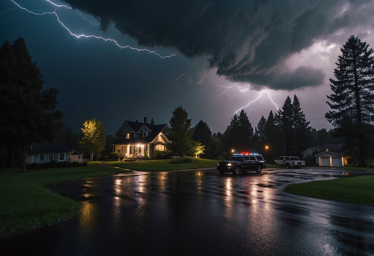 Dark clouds loom overhead, lightning flashes in the distance. Trees sway in the strong wind, and rain pours down heavily. A house is surrounded by flashing lights and emergency vehicles