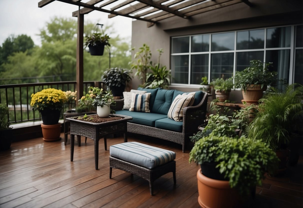 Objects secured: patio furniture tied down, potted plants brought indoors, loose items stored. Dark clouds gathering, wind picking up