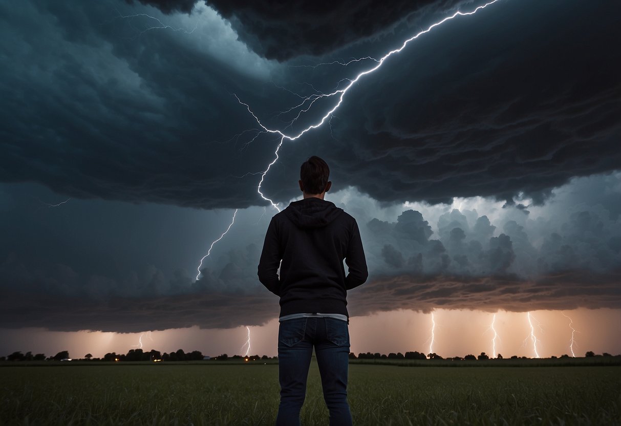 Dark storm clouds loom overhead as lightning strikes in the distance. A person prepares by charging their electronic devices