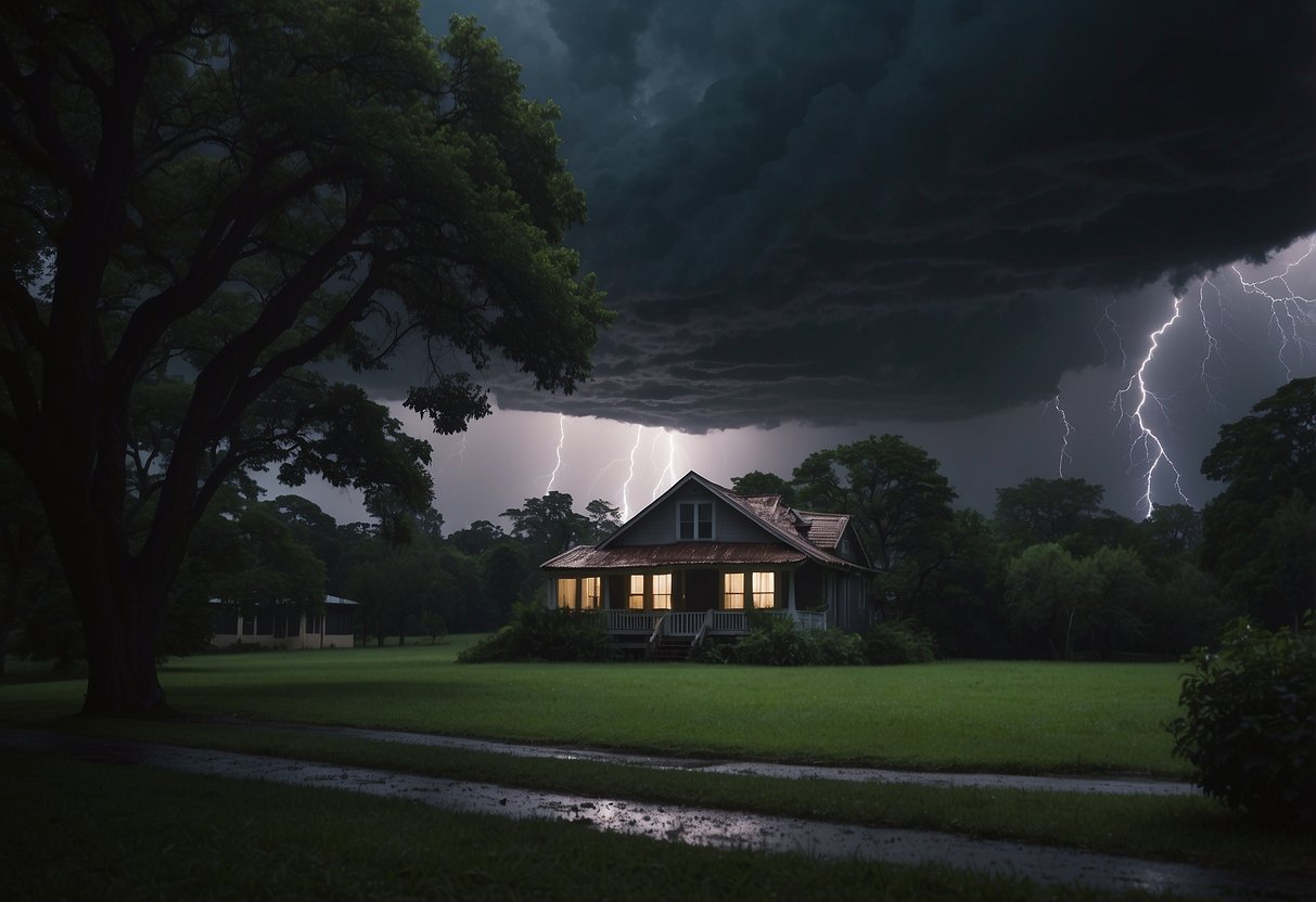 Dark storm clouds loom overhead as lightning strikes in the distance. Rain pours down, and strong winds shake the trees. A house stands in the foreground, with shutters closed and a sturdy roof