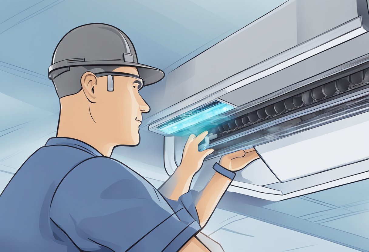 A technician installs a UV light in an air duct system, dispelling common misconceptions about its use in HVAC systems