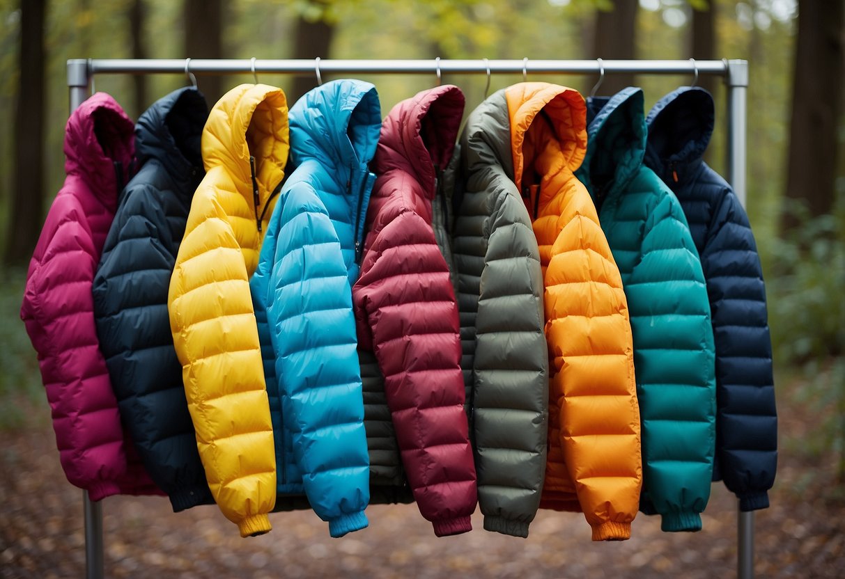 A group of lightweight insulated jackets displayed on a rack, with varying colors and designs. The jackets are showcased in a bright and spacious outdoor setting, surrounded by nature