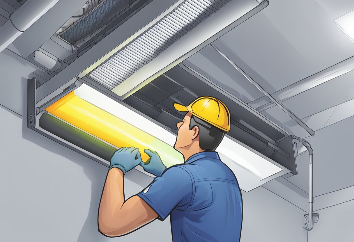 A technician installs a UV light in an air duct system in Knoxville, TN, with warranty and after-installation support