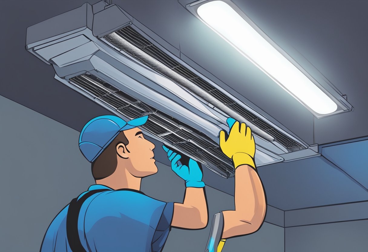 A technician installs UV lights in an air duct in Knoxville, TN. The bright light illuminates the dark interior, creating a clean and sanitized environment