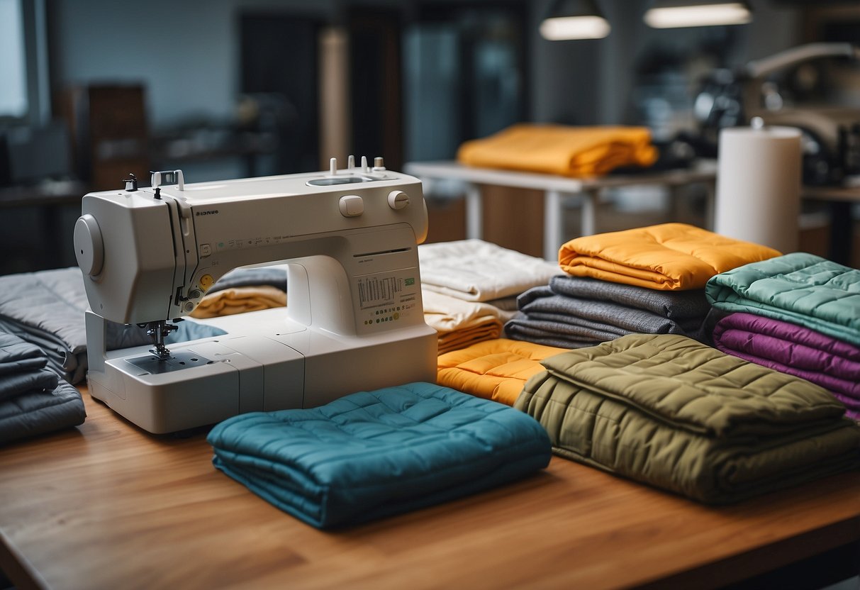 A table with various lightweight insulated jackets, surrounded by fabric swatches, sewing machines, and insulation materials