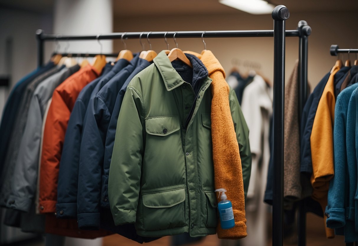 An insulated jacket hanging on a coat rack, with a small brush and gentle detergent nearby. A label with care instructions is visible